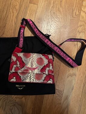 Zadig & Voltaire Red, Cream and Black Python-Print Crossbody with Branded Strap
